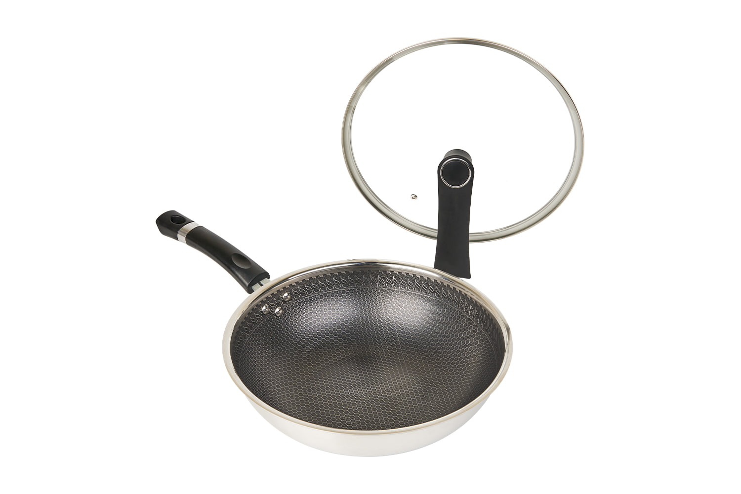 Wok de aço inoxidável CF30C-CJ538 com tampa de vidro, revestimento antiaderente gravado, resistente a arranhões, doméstico