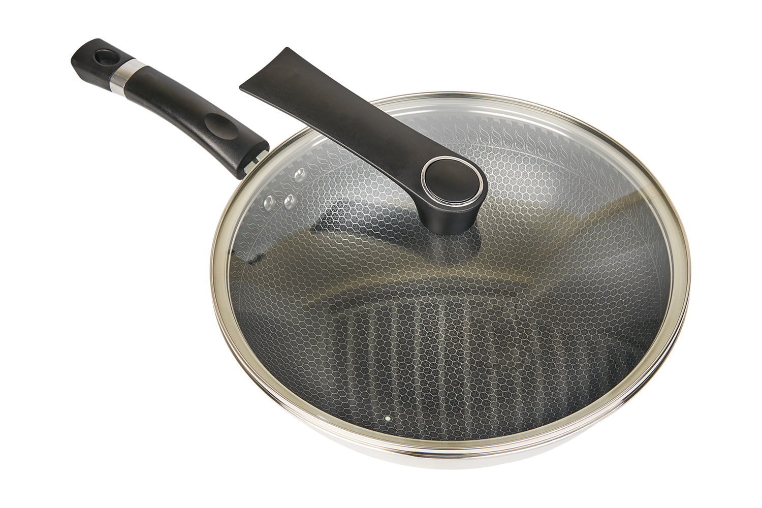 Wok de aço inoxidável CF30C-CJ538 com tampa de vidro, revestimento antiaderente gravado, resistente a arranhões, doméstico