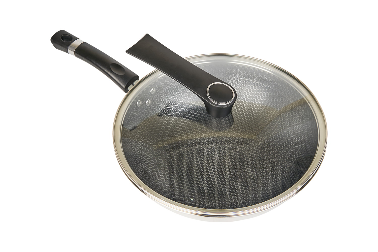 Wok de aço inoxidável CF34C-CJ598 com tampa de vidro, revestimento antiaderente gravado, resistente a arranhões, doméstico