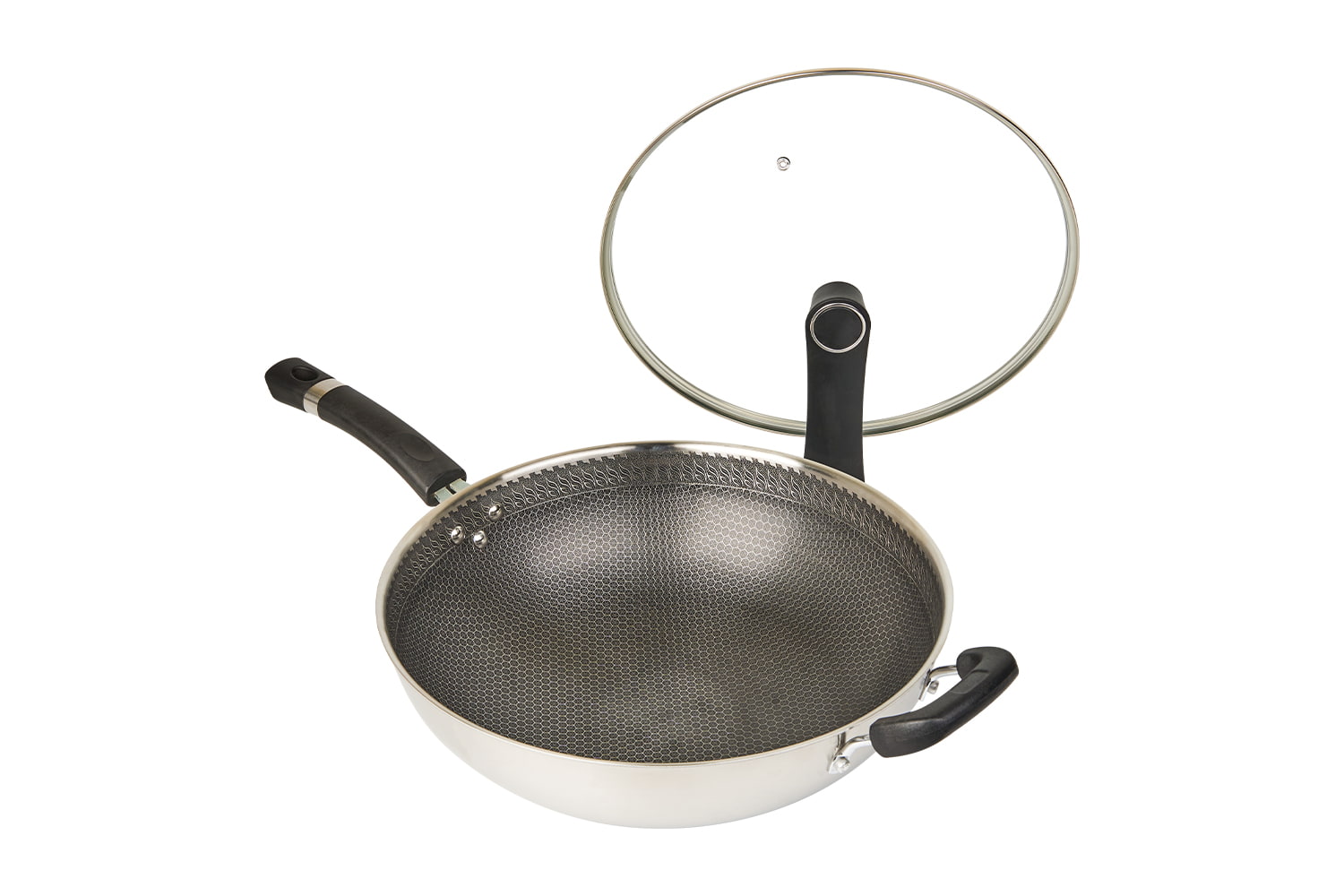 Wok de aço inoxidável CF34C-CJ598 com tampa de vidro, revestimento antiaderente gravado, resistente a arranhões, doméstico